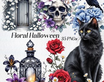 Floral Halloween Clipart: Watercolor Gothic Autumn PNG Graphics (Commercial Use, Digital Download)