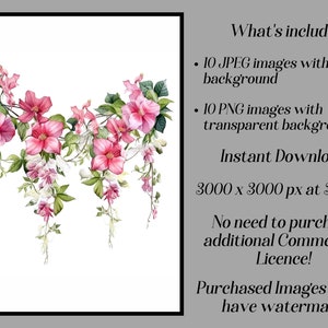 May include: A digital illustration of a garland of pink and white flowers with green leaves. The garland is hanging down from the top of the image. The background is white.