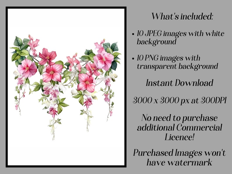May include: A digital illustration of a garland of pink and white flowers with green leaves. The garland is hanging down from the top of the image. The background is white.