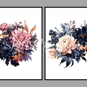 May include: Two floral bouquets with pink and white flowers, dark blue and green leaves, and brown accents. The bouquets are on a white background.