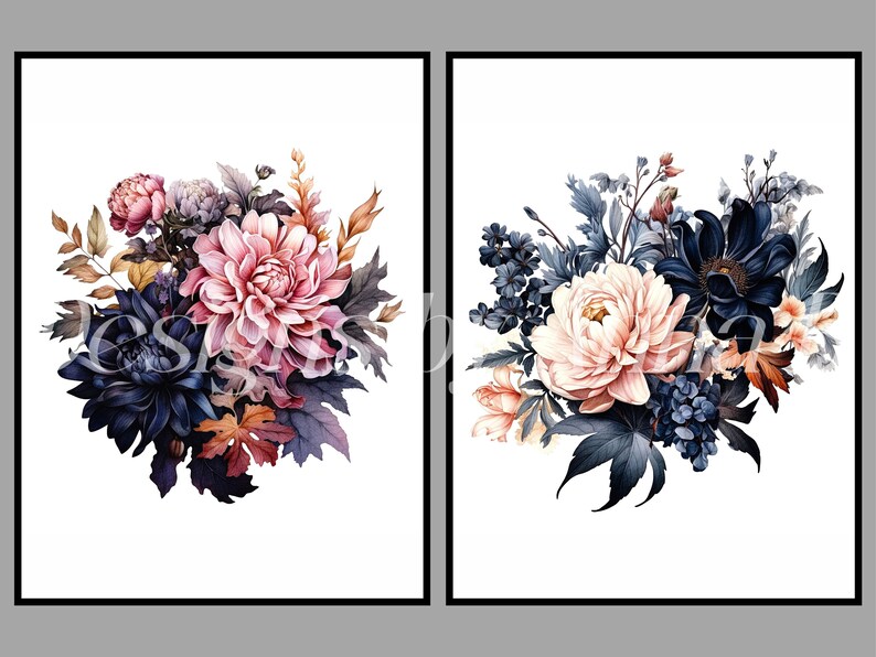 May include: Two floral bouquets with pink and white flowers, dark blue and green leaves, and brown accents. The bouquets are on a white background.