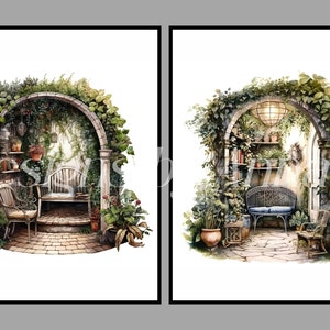May include: Two watercolor paintings of cozy outdoor seating areas. Both scenes feature arched doorways covered in lush greenery, stone pathways, and wicker furniture. One scene includes a bench with a blue cushion, while the other has a chair and a bench.