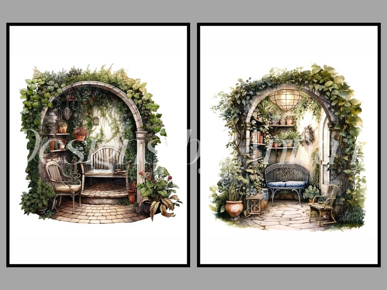 May include: Two watercolor paintings of cozy outdoor seating areas. Both scenes feature arched doorways covered in lush greenery, stone pathways, and wicker furniture. One scene includes a bench with a blue cushion, while the other has a chair and a bench.