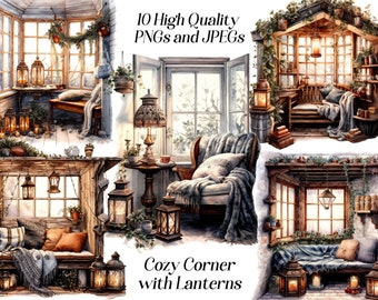 Puede incluir: Ilustración en acuarela de rincones acogedores con faroles. La imagen presenta varias escenas de interiores con faroles, bancos y mantas. El texto dice "10 High Quality PNGs and JPEGs" y "Cozy Corner with Lanterns".