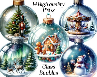 Watercolor Glass Baubles clipart, 14 high quality PNG files, christmas scenes, printable graphics, winter clip art, festive illustration