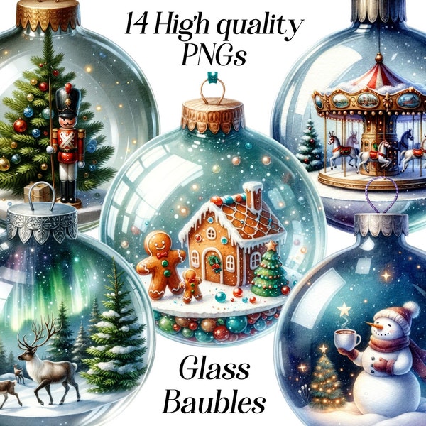 Aquarell Glaskugeln Clipart, 14 hochwertige PNG-Dateien, Weihnachtsszenen, druckbare Grafiken, Winterclipart, festliche Illustration