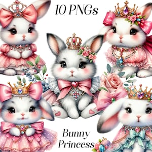 Aquarell Bunny Princess Clipart, 10 PNG-Dateien, Baby-Kaninchen, königliches Häschen, Häschen im rosa Kleid, Häschen mit Krone, Tiere, zum Ausdrucken