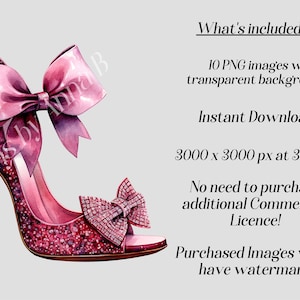 May include: A pink sparkly high heel shoe with a large pink bow on the ankle and a smaller pink bow with rhinestones on the toe. The shoe has a transparent background.