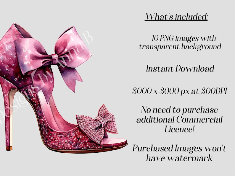 May include: A pink sparkly high heel shoe with a large pink bow on the ankle and a smaller pink bow with rhinestones on the toe. The shoe has a transparent background.