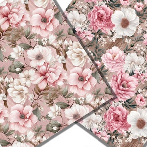 Peut inclure: Un motif sans couture compos&eacute; de fleurs roses et blanches sur un fond rose clair. Les fleurs sont dispos&eacute;es de mani&egrave;re al&eacute;atoire et entour&eacute;es de feuilles vertes. Le fond a une texture subtile de grain de bois.