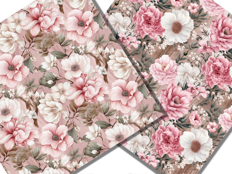 Peut inclure: Un motif sans couture compos&eacute; de fleurs roses et blanches sur un fond rose clair. Les fleurs sont dispos&eacute;es de mani&egrave;re al&eacute;atoire et entour&eacute;es de feuilles vertes. Le fond a une texture subtile de grain de bois.