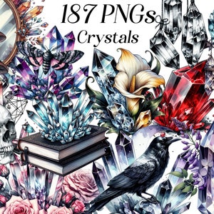 May include: A collection of watercolour illustrations featuring crystals, flowers, a skull, a raven, and a moth. The crystals are in various shapes and sizes, and some are surrounded by flowers. The text "187 PNGs Crystals" is written in the top centre of the image.