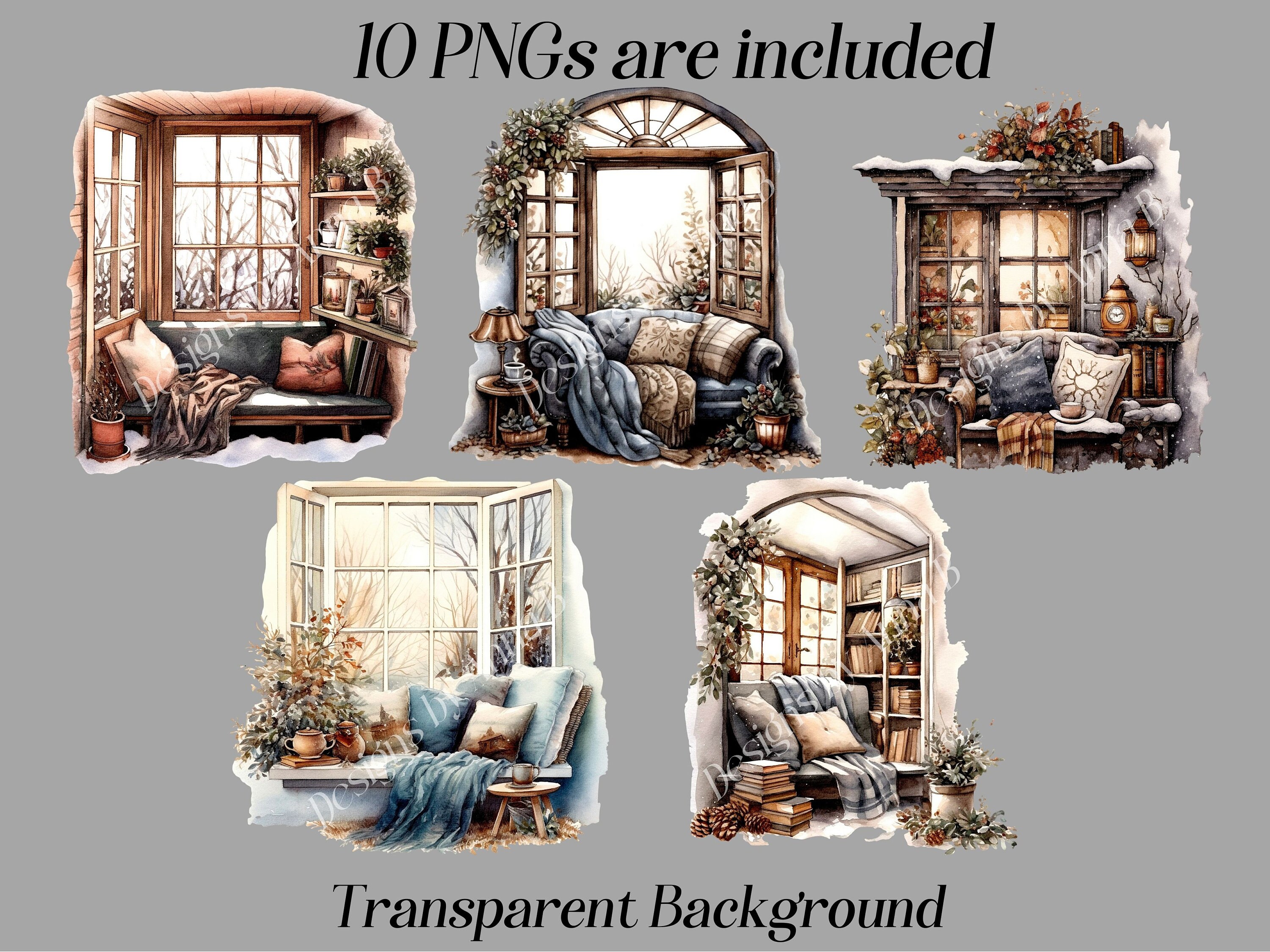 Watercolor Winter Clipart: Cozy Room Interior PNG JPEG Files (digital ...