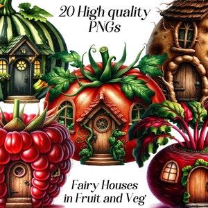 Acuarela Casa de hadas en imágenes prediseñadas de frutas y verduras, 20 archivos PNG de alta calidad, imágenes prediseñadas de fantasía, casa de hadas, casa linda, imprimibles