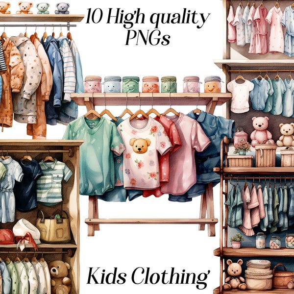 Imágenes prediseñadas de ropa para niños en acuarela, 10 archivos PNG de alta calidad, moda infantil, imágenes prediseñadas de armario, ropa colgante, imprimibles