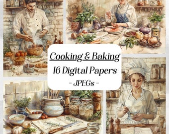 Watercolor Cooking and Baking digital papers, 16 High quality JPEG files, printable paper, scrapbook, junk journal, rustic, food images