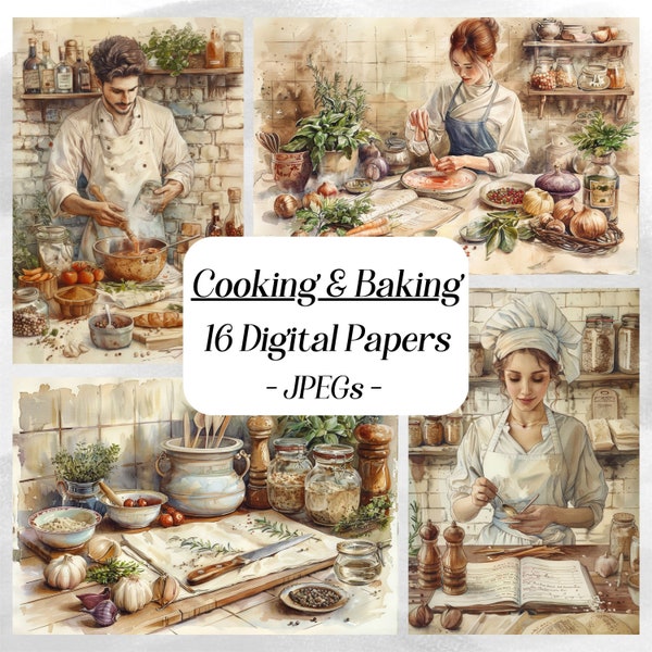 Watercolor Cooking and Baking digital papers, 16 High quality JPEG files, printable paper, scrapbook, junk journal, rustic, food images