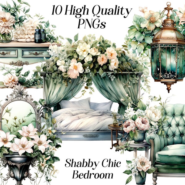 Watercolor Shabby chic Bedroom clipart, 10 high quality PNG Files, bedroom furniture, interior graphics, floral design, printables