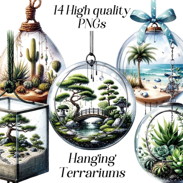 Watercolor Hanging Terrariums clipart, 14 high quality PNG files, greenery, scenery, miniature scene, nature clipart, decoration, printable