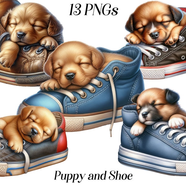 Aquarel puppy en schoen clipart, 13 PNG-bestanden, schattige puppy, hond clipart, slapende puppy, huisdier illustraties, afdrukbare illustratie, hond graphics
