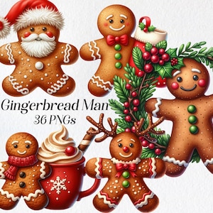 Clipart de hombre de jengibre: lindo PNG de pan de jengibre navideño, arte de galletas navideñas, conjunto de ilustraciones festivas de pan de jengibre