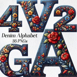 Denim Alphabet Clipart, Aquarell gestickte Buchstaben Clip Art, png, Jeans, Typografie, Lettering, Zahlen, bedruckbar, digitaler Download