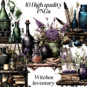 Watercolor Witches Inventory clipart, 10 high quality PNG files, halloween clipart, dark academia, potions and herbs, witchcraft clip art