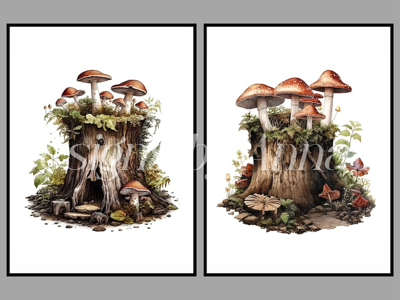 May include: Two watercolor paintings of mushroom clusters growing on tree stumps. The first painting shows a stump with a hollowed-out space and a small stone path leading to the opening. The second painting shows a stump with a cluster of mushrooms growing on top.