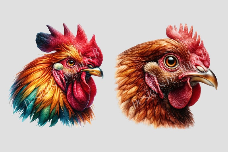 May include: A close-up of two rooster heads. The rooster on the left has a colorful plumage with red, orange, yellow, and green feathers. The rooster on the right has brown feathers.
