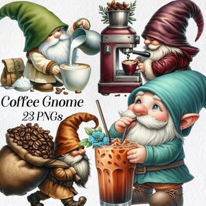Kaffegnome akvarell Clipart: Kaffeälskare PNG-bilder (digital nedladdning)