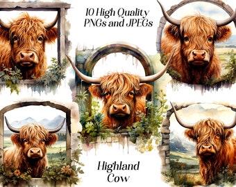 Aquarell Highland Kuh Clipart: Bauernhof PNG, JPEG Dateien (Digital Download)