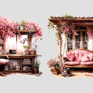 Clipart intérieur rose aquarelle, 10 fichiers PNG de haute qualité, clipart chambre, coin douillet pastel, design dintérieur, conception de sublimation image 7