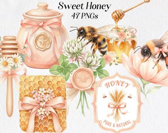 Watercolor Honey Clipart: Honeycomb, Flowers (47 PNGs) (Digital Download)