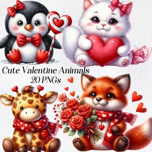 Clipart animaux mignons de la Saint-Valentin, clipart aquarelle, png, amour, coeurs, peluche, licorne, chat, oiseaux, images imprimables, téléchargement numérique