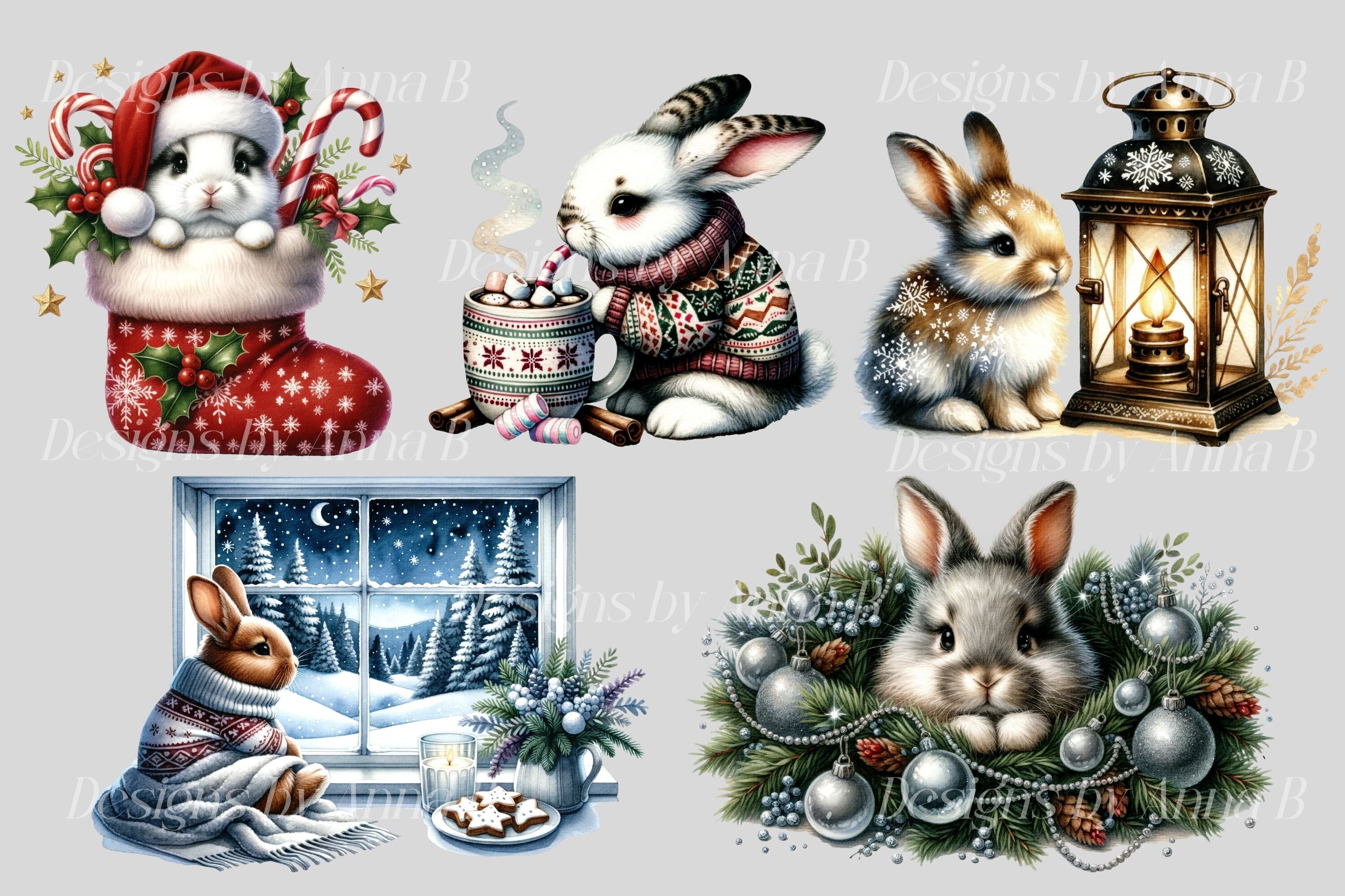 Watercolor Christmas Bunny Clipart: Festive PNG Images (digital ...