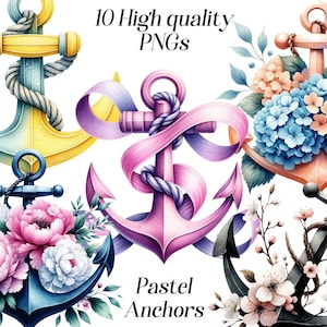 Aquarel pastel ankers clipart, 10 hoge kwaliteit png-bestanden, nautische, bloemen ankers, zee clipart, scheepsanker, vrouwelijk, afdrukbare items
