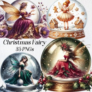Clipart fée de Noël, clipart fée aquarelle, png, boule à neige fantastique, illustration hivernale magique, téléchargement numérique de graphiques imprimables
