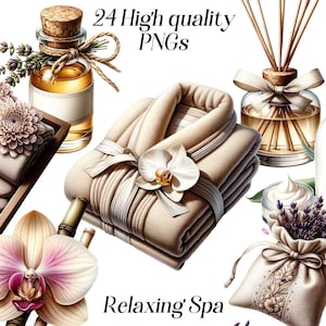 Clipart de spa relaxante em aquarela, 24 arquivos PNG de alta qualidade, clipart de bem-estar e beleza, gráficos para impressão de saúde e relaxamento