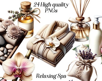 Watercolor Relaxing Spa clipart, 24 high quality PNG files, wellness and beauty clipart, health and relaxation printable graphics