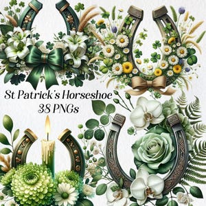 Imágenes prediseñadas de herradura de San Patricio, imágenes prediseñadas de herradura floral de acuarela, png, hojas, trébol, vegetación, boda, fiesta irlandesa, imprimible