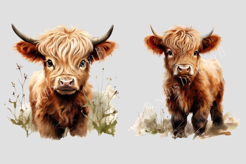 May include: Two Highland cattle calves, one looking directly at the camera and the other looking to the side, both with long, shaggy brown fur and horns. They are standing in a field of tall grass.