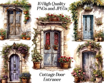Watercolor Cottage Door Clipart: Rustic Cottagecore Illustration (JPEG, PNG)