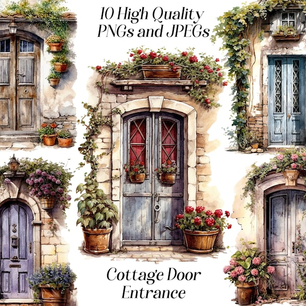 Watercolor cottage door clipart, 10 high quality JPEG and PNG files, cottagecore clip art, rustic clipart, door illustration, printables