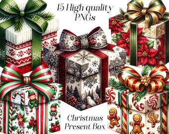 Watercolor Christmas Gift Box Clipart, Holiday Presents (15 PNG)