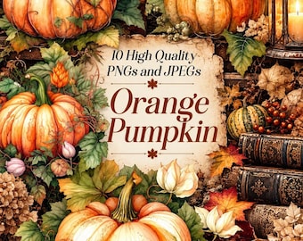 Könnte beinhalten: Ein digitales Grafikset mit orangefarbenen Kürbissen, Herbstblättern, alten Büchern und einer Laterne. Der zentrale Text lautet 10 High Quality PNGs and JPEGs Orange Pumpkin. Die Komposition enthält dekoratives Laub, Beeren und eine Metallschere.