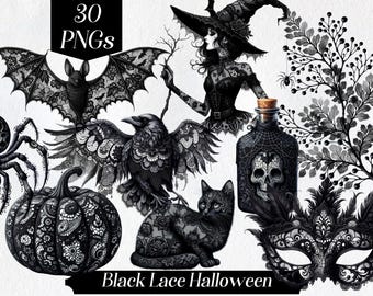 Black Lace Halloween Clipart: Gothic Witchy PNG Images (Digital Download)