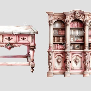 May include: A set of two antique-style furniture pieces in a pale pink color. The first piece is a small table with three drawers and intricate carvings. The second piece is a tall bookcase with shelves filled with books and decorative elements.