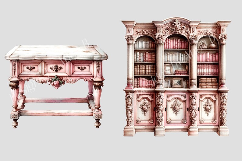 Shabby Chic Furniture Clipart: Pink Victorian PNG Graphics (digital ...