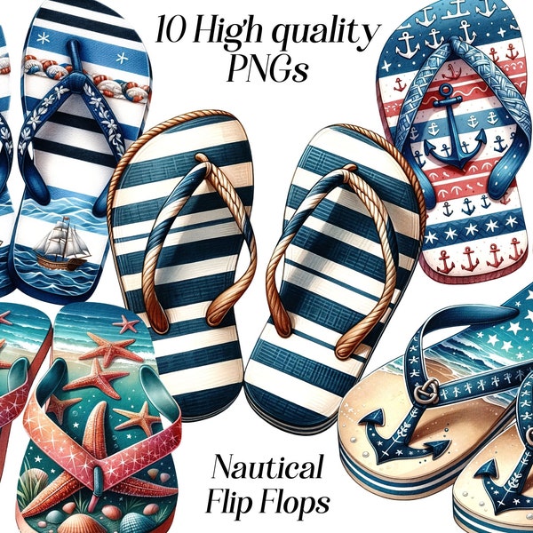 Watercolor Nautical Flip Flops clipart, 10 high quality PNG files, summer clothes, slippers, beach vacation, holiday wear, printables