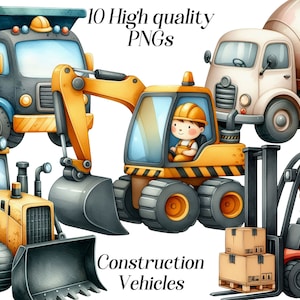 Clipart de véhicules de construction mignons aquarelle, 10 fichiers PNG, chantier, bulldozer, excavatrice, pelles, bétonnières, images imprimables